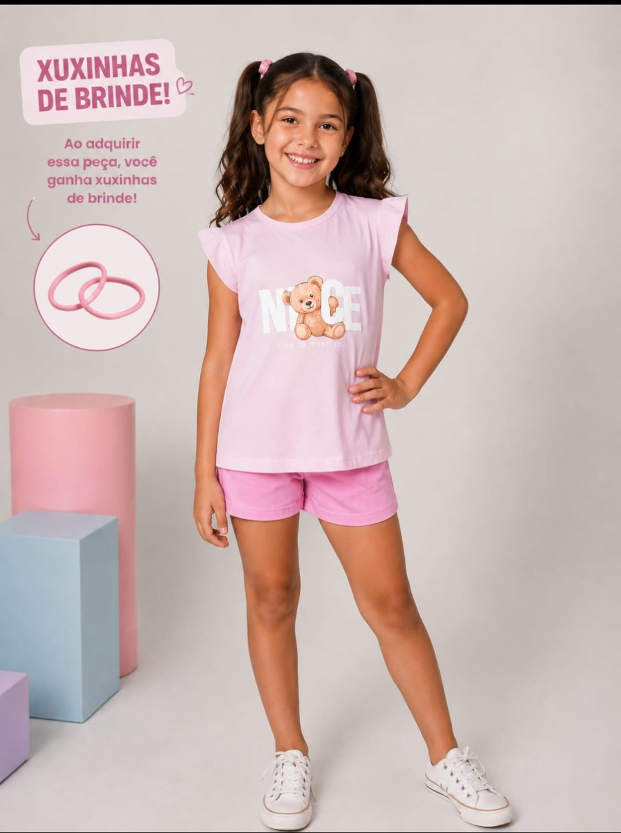 CONJUNTO JUVENIL MANGA ALGODÃO MANUZINHA+SHORT MOLETIM  4/6/8