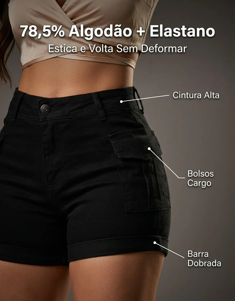 SHORT JEANS PRETO CARGO COM LAYCRA 36/46