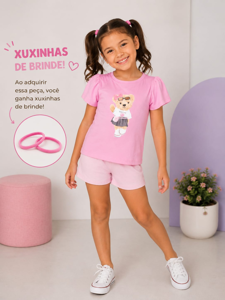 CONJUNTO JUVENIL MANGA BUFANTE ALGODÃO MANUZINHA+SHORT MOLETIM  4/6/8